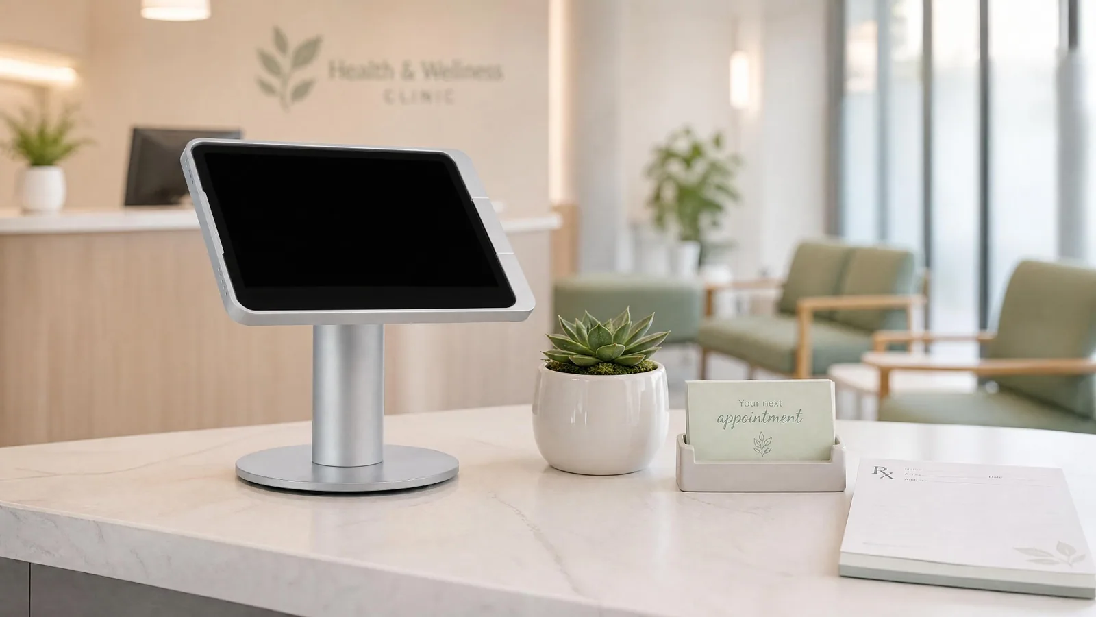 STANDED one kiosk — pedestal mount in a clinic reception